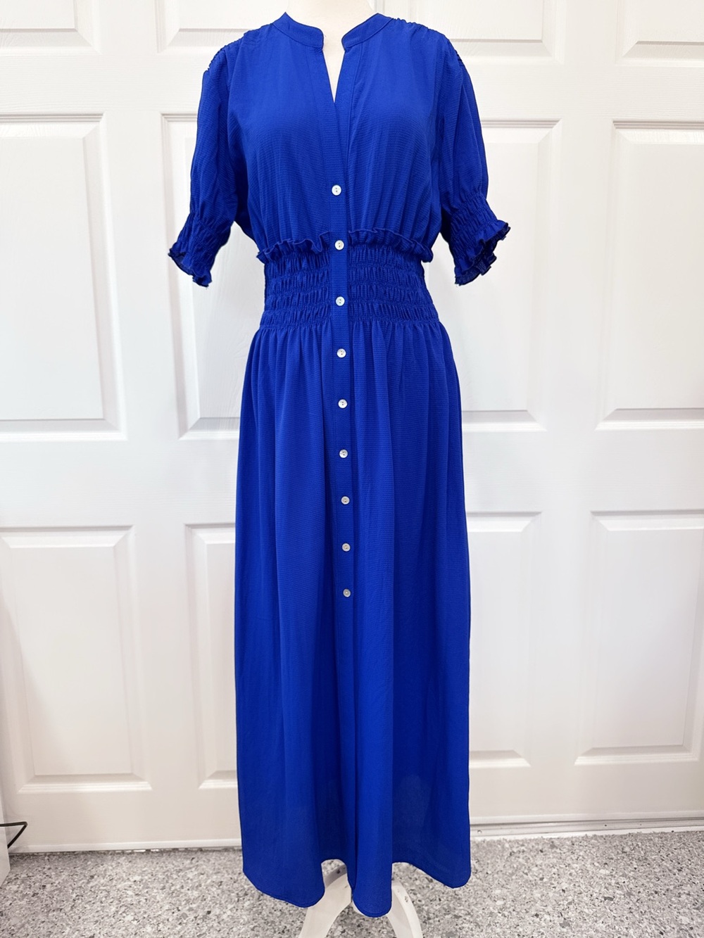 Cobalt Button-Front Maxi Dress with Smocked Waist